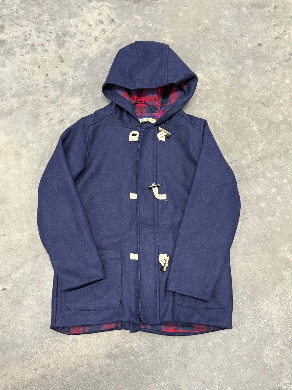 Hope & Henry Boys Wool Blend Duffle Coat - Navy Blue with Plaid Lining - Size M